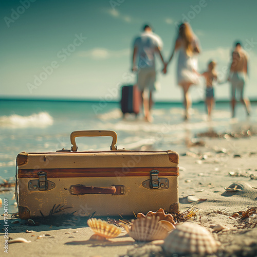 amily summer vacation concept. Suitcase on the beach with happy family on background photo