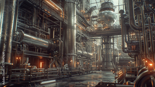 A bustling chemical processing plant with reactors and distillation towers, currently stagnant but capable of producing a wide range of chemical compounds