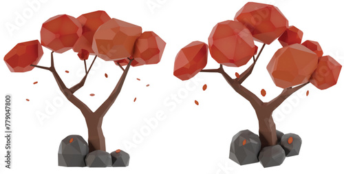 3D Low Poly Maple Tree with Green Leaves Falling Down Isolated