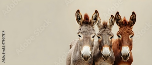 Trio of Donkeys: A Study in Friendship & Varied Coats. Concept Animal Friendship, Coat Colors, Donkey Trio, Unique Companionship, Herbivore Bonds
