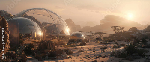 Realistic image of a space habitat dome, where Earth's ecosystems are recreated for study, under soft, ambient lighting photo