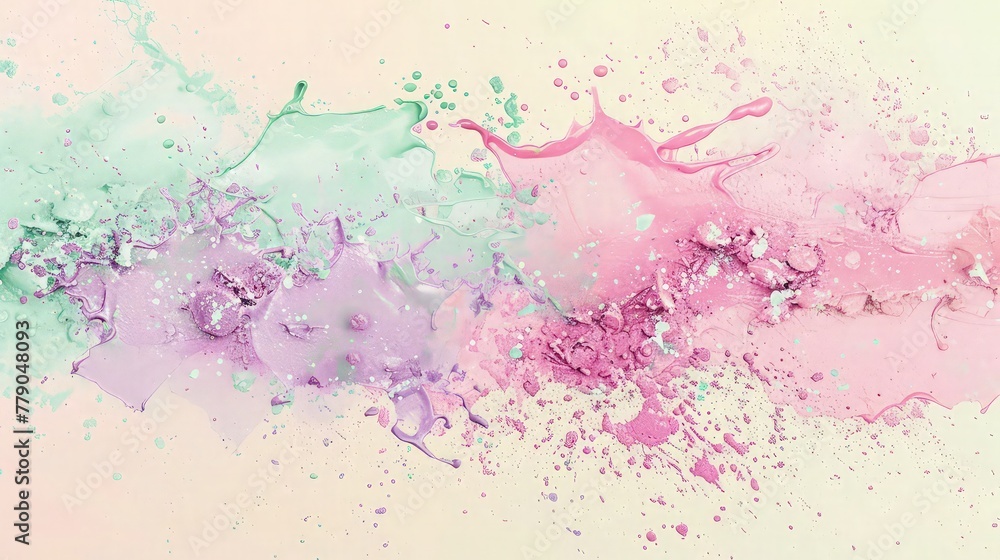 Obraz premium Whimsical intertwining swirls of light green and pink liquid splatters creating a soft abstract texture on a pale backdrop.