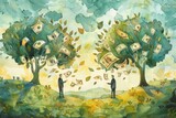 Watercolor painting of two businessmen observing money trees, representing investment growth and wealth in a whimsical landscape.