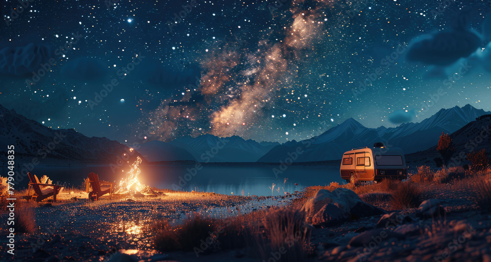 A car home and campfire under the stars, camping scene. Generative AI. - obrazy, fototapety, plakaty 