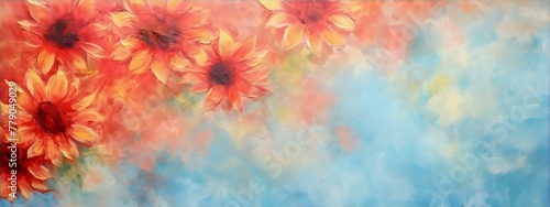 oil painting of red sunflowers with yellow centers against a blue sky background in an impressionist style photo