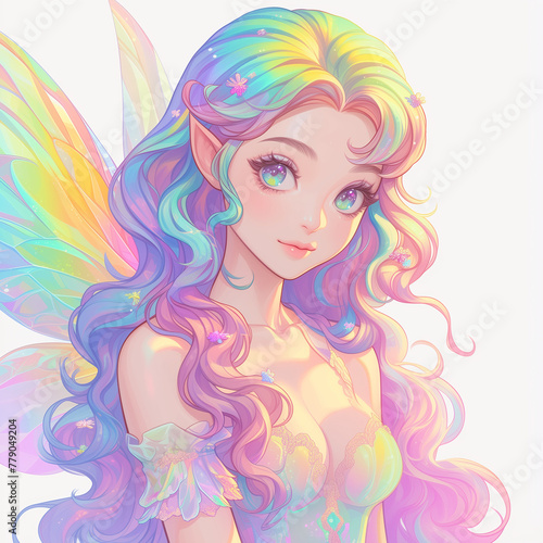 Enchanting Fairy with Pastel Rainbow Wings, Dreamy Expression, Magical Fantasy Portrait
