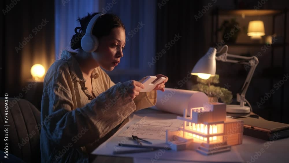 A Young Beautiful Brunette Woman Architect is Working on a Model of a House at her Home. Happy woman with headphones listening to music and enjoying cool playlist A Young Beautiful Brunette Woman Architect is Working on a Model of a House at her Home. Happy woman with headphones listening to music and enjoying cool playlist
