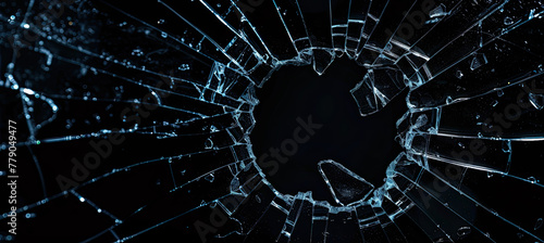 Broken glass isolated on black background with hole