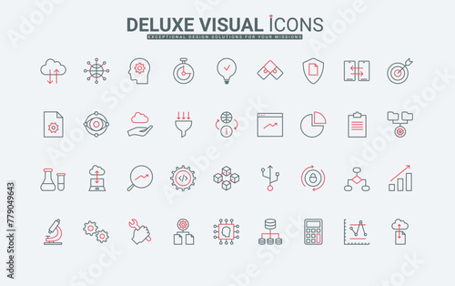 Data science thin black and red line icons set vector illustration. Outline symbols of chemistry and laboratory research with microscope, automatic digital analysis of innovation models, creative idea