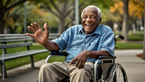 An elderly African-American man in a wheelchair waves.