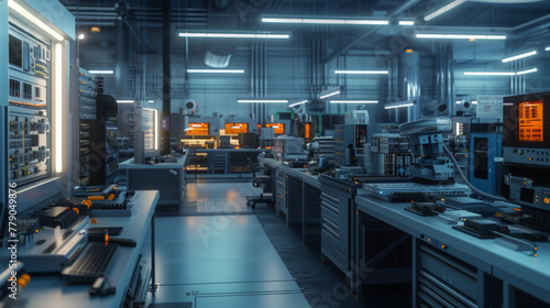 A high-tech electronics assembly plant with soldering stations and testing equipment, momentarily silent but capable of producing a wide range of electronic devices photo