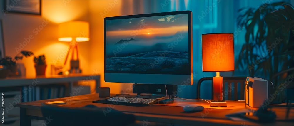 Serene Workspace with Warm Ambience & Digital Sunset. Concept Workspace Makeover, Cozy Office Design, Sunset Inspired Decor, Warm Lighting Ideas, Relaxing Work Environment