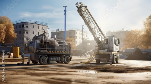 A photo of a construction site with a concrete pump.