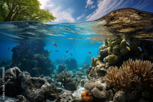 marine view with fish and corals © luismolinero