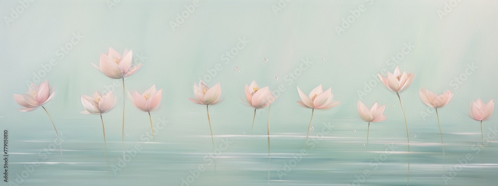 Obraz premium Delicate pink and white water lilies float on a calm pond, with a soft green background. The painting is in a realistic style and has a calming effect.