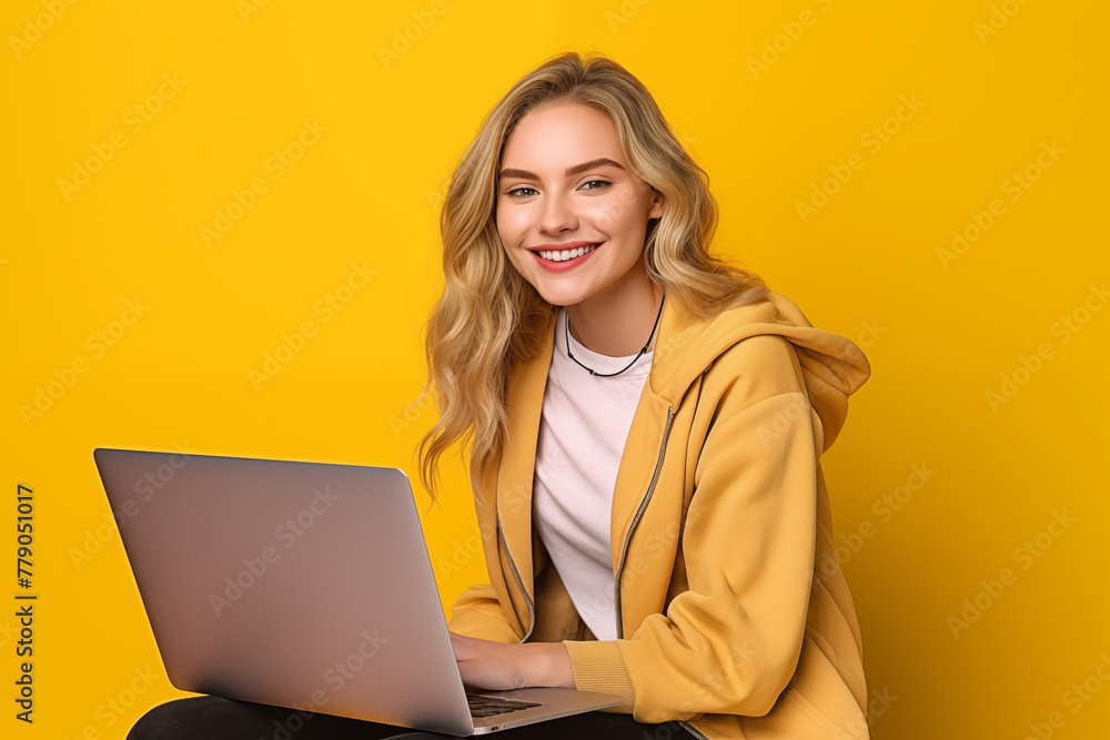 Young pretty blonde girl over isolated colorful background working with a laptop Young pretty blonde girl over isolated colorful background working with a laptop