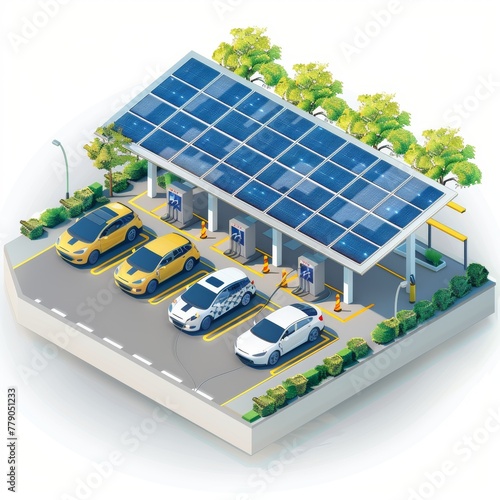 3D layout of a gas station and parking lot.
