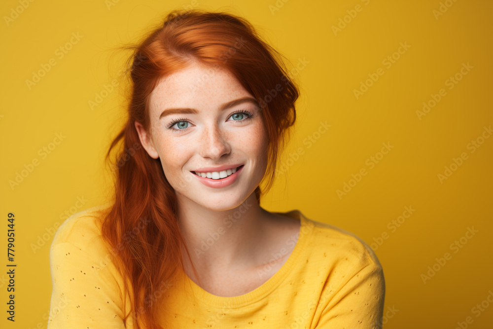 Fototapeta premium Young pretty Redhead girl over colorful background
