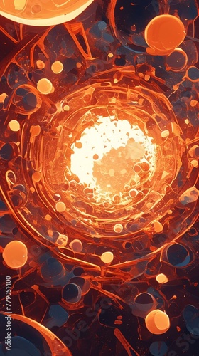 Centriole in cell division, intense orange backlight, micro perspective, detailed scientific illustration photo
