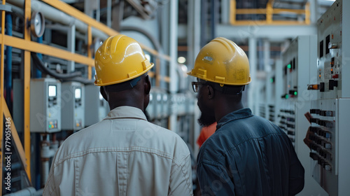 Two African American engineer in hard hats working on an electrical panel. Generative AI.