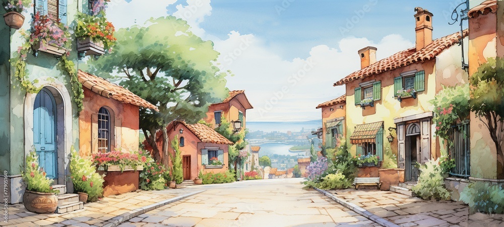 Summer town street, watercolor illustration