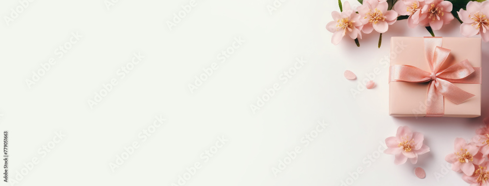 Advertising background with spring delicate flowers,gift box with empty space for text. Mother's day, March 8, birthday concept. Top view, flat lay .Space for text. Banner Advertising background with spring delicate flowers,gift box with empty space for text. Mother's day, March 8, birthday concept. Top view, flat lay .Space for text. Banner