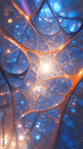 Closeup of an extracellular matrix, intricate web glowing, under a soft, focused light, complex and supportive