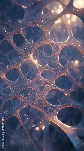 Closeup of an extracellular matrix, intricate web glowing, under a soft, focused light, complex and supportive