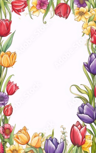 Colorful tulips and other flowers frame in watercolor style on white background
