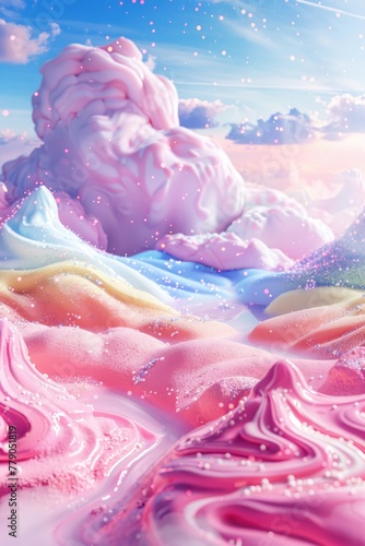A psychedelic swirl of cotton candy clouds above a landscape of layered rainbow cake hills  3D illustration