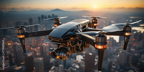 Modern drone quad copter with camera flies over the city.Photography and videography from above