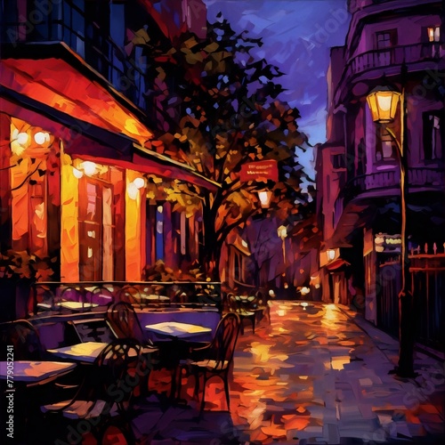 Parisian street with a cafe, glowing in the evening light. Impressionist painting.