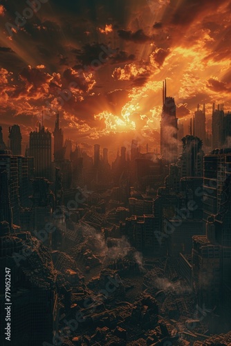A dystopian cityscape of burnt sugar buildings, under a sky of dark chocolate clouds, 3D illustration
