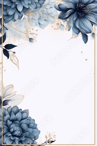 Blue and gold floral frame with watercolor flowers, leaves, and gold accents, perfect for wedding invitations, save the dates, and other special events.