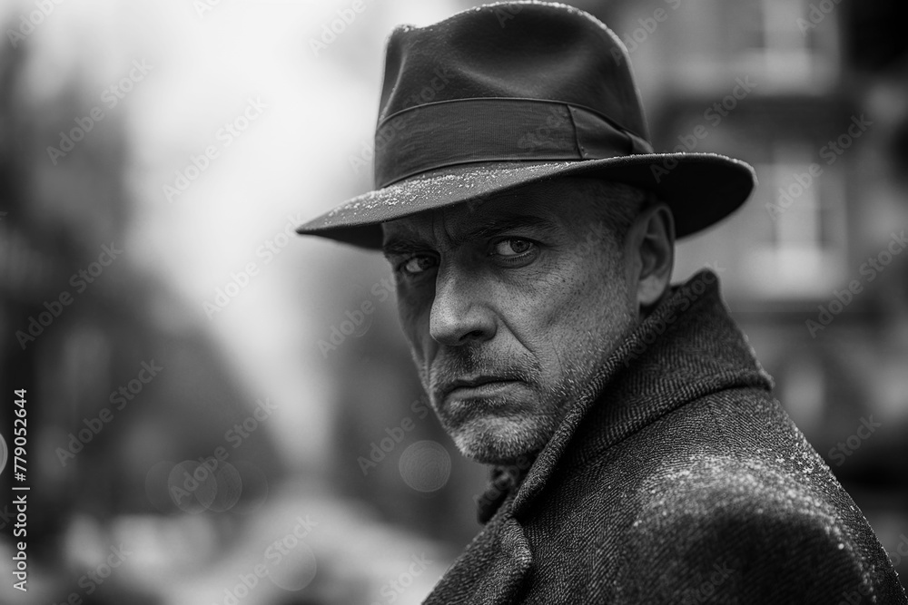Retro portrait of old man serious gentleman detective in a hat and coat on street in city. Vintage black and white historical scan Retro portrait of old man serious gentleman detective in a hat and coat on street in city. Vintage black and white historical scan