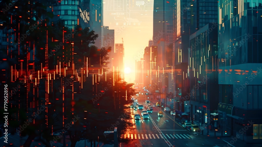 Majestic Cityscape Ablaze in Golden Sunset Glow Reflecting Off Towering Skyscrapers in Financial District Majestic Cityscape Ablaze in Golden Sunset Glow Reflecting Off Towering Skyscrapers in Financial District