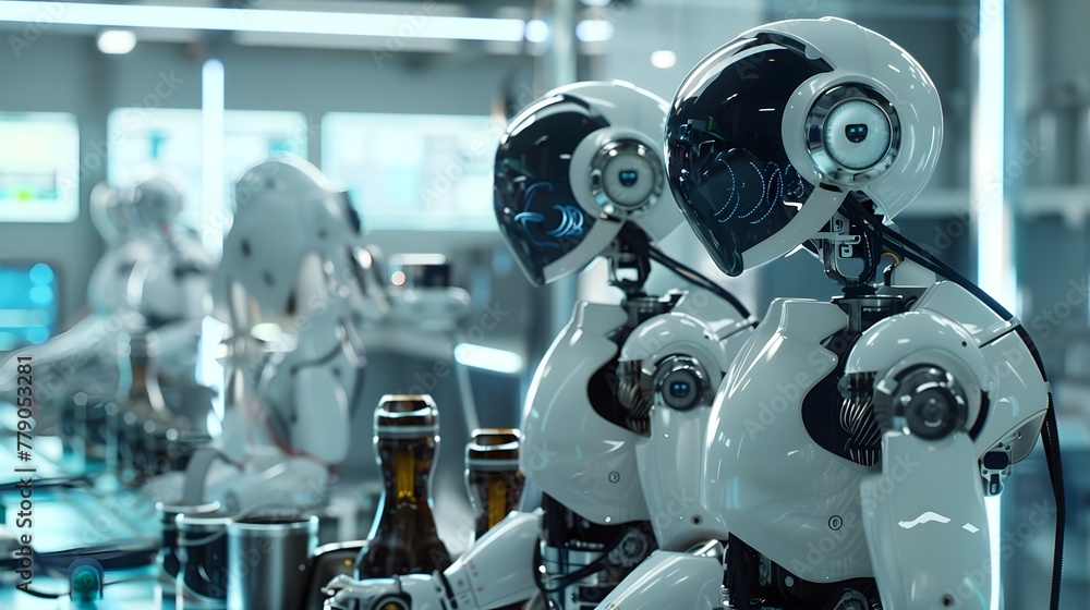 Fototapeta premium Robotic Arms in Futuristic Industrial Workshop Showcasing Automation and Technological Innovation