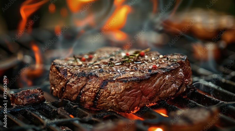 A beef steak simmering on the grill with a bit of flames. Generative AI. A beef steak simmering on the grill with a bit of flames. Generative AI.