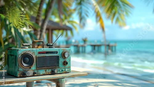 Radio background music with chill vibes under coconut trees on a summer beach. seamless looping 4k time-lapse animation video background