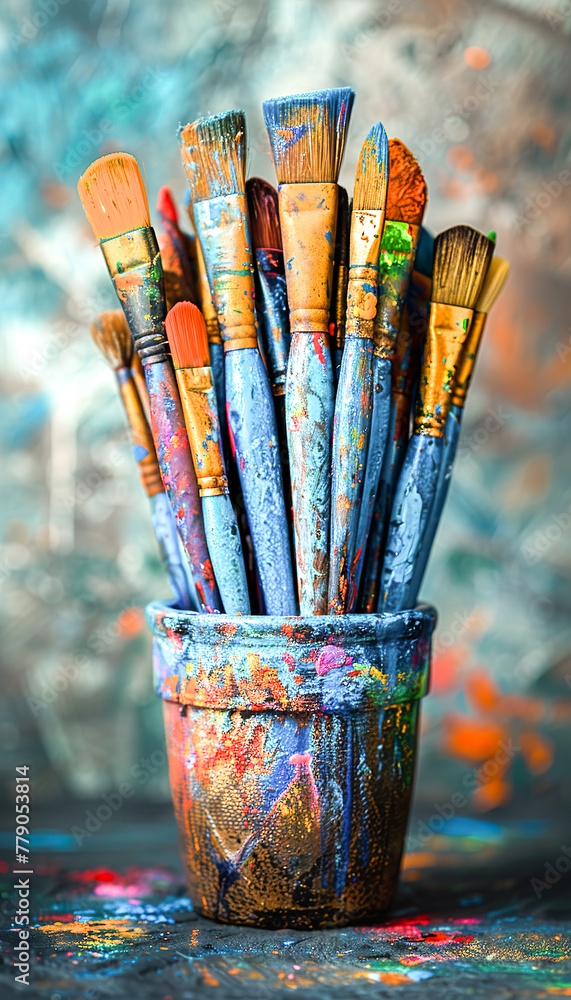 A bunch of paintbrushes are in a blue container. Generated by AI A bunch of paintbrushes are in a blue container. Generated by AI