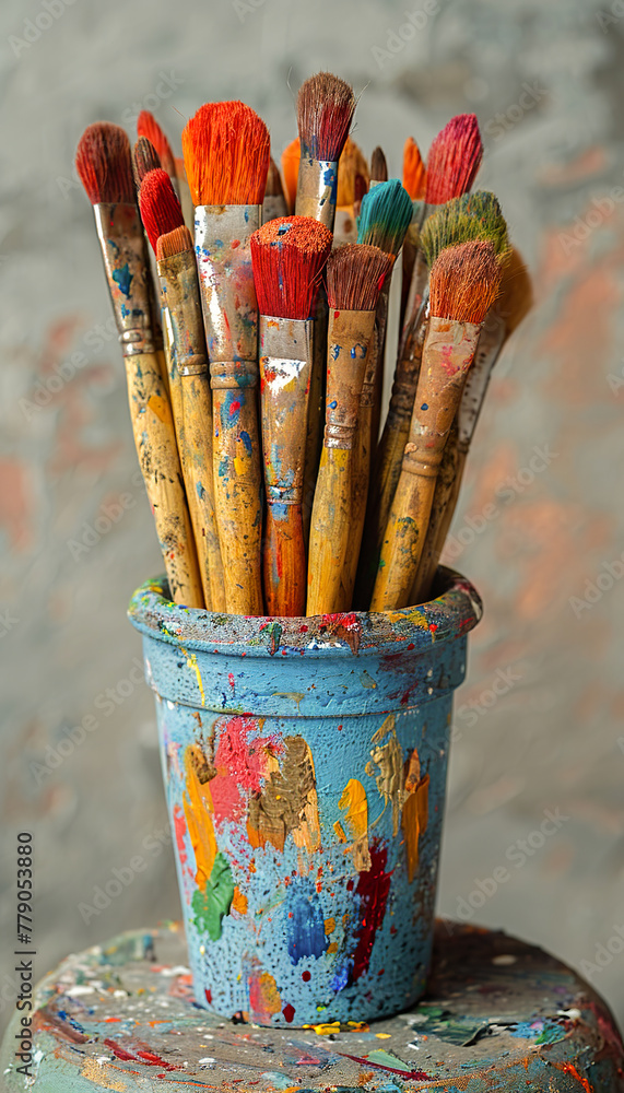 Vivid Brush Strokes: Messy and Creative Scene with Paintbrushes in Blue Container. Generated by AI Vivid Brush Strokes: Messy and Creative Scene with Paintbrushes in Blue Container. Generated by AI