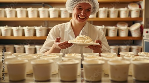 Female smiling natural yogurt maker, a mountain of empty yogurt pots are on the table. Generative AI. photo