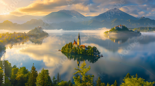 Bled lake with island and church in the center, foggy mountains behind it, sunrise, pine forest around, clouds cover, view from above, landscape photography photo