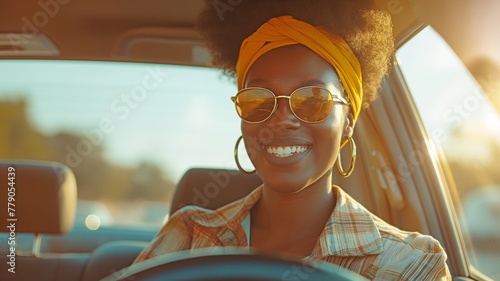 a joyful black woman operating an automobile © tongpatong