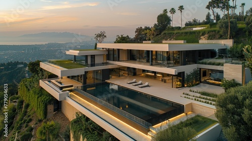 A large modern villa on a hill. Aerial high view. Generative AI. © visoot
