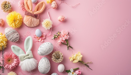 easter decorations like eggs  bunny ears  bow tie etc on pink background. Flat lay  top view  copy space