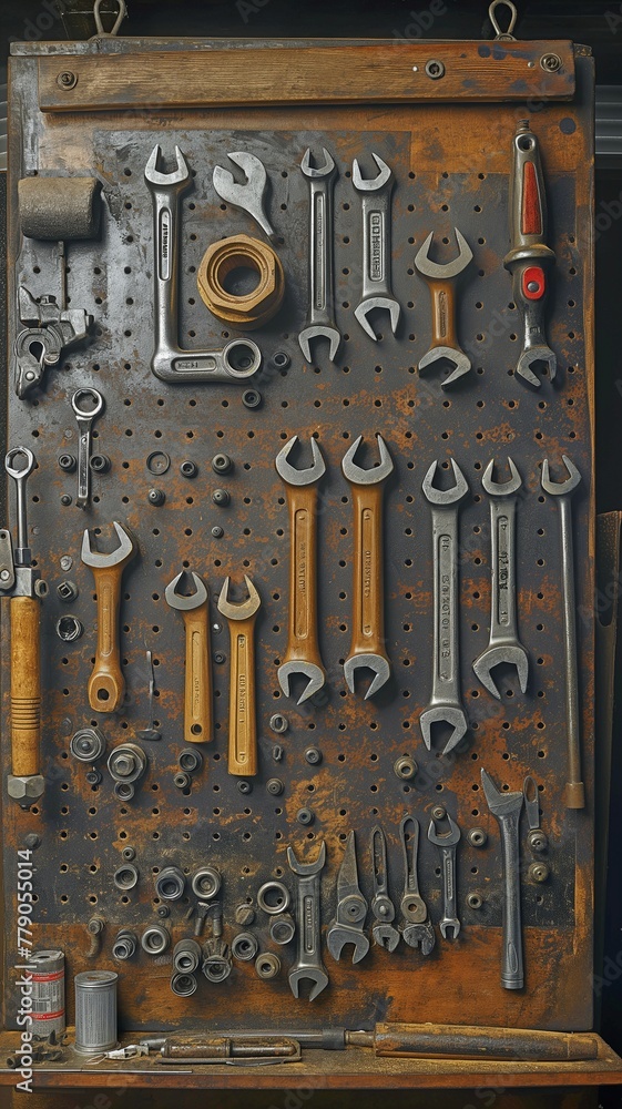 An assortment of hand tools for mechanics shown on a tool board An assortment of hand tools for mechanics shown on a tool board