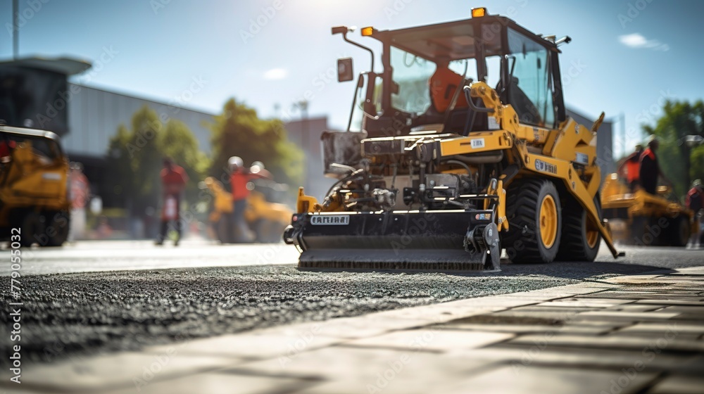 A photo of a construction site with a paver machine. A photo of a construction site with a paver machine.