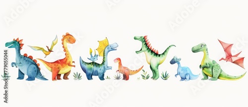 A joyous cartoon gathering of flying and terrestrial dinosaurs celebrating a birthday, in watercolor on white