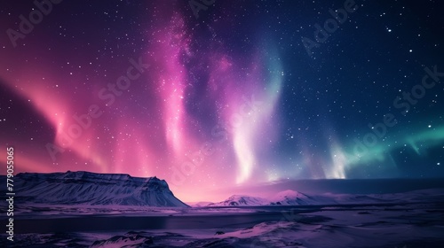 A breathtaking view of the Northern Lights, also known as Aurora Borealis, dancing over a serene snowy landscape under a starry sky.